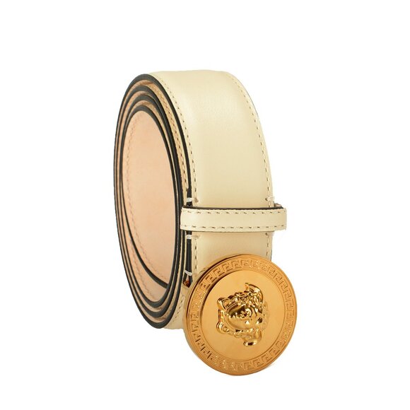 Versace Ecru & Gold 100% Leather Medusa Head Logo Decorated Belt US 28 IT 70 - Picture 1 of 5